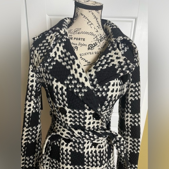 Express Black and White Houndstooth Belted Winter Pea Coat Y2K - Picture 2 of 8